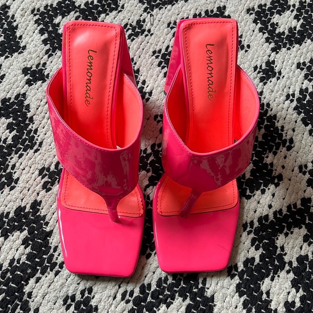 Pink square toed lemonade heels with triangle heel